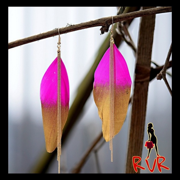 Redvelvetrebel Jewelry - GOLD & HOT PINK FEATHER & TASSEL BOHO EARRINGS